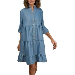 Country Lane Denim Tiered Button Down Dress - Med Wash XL